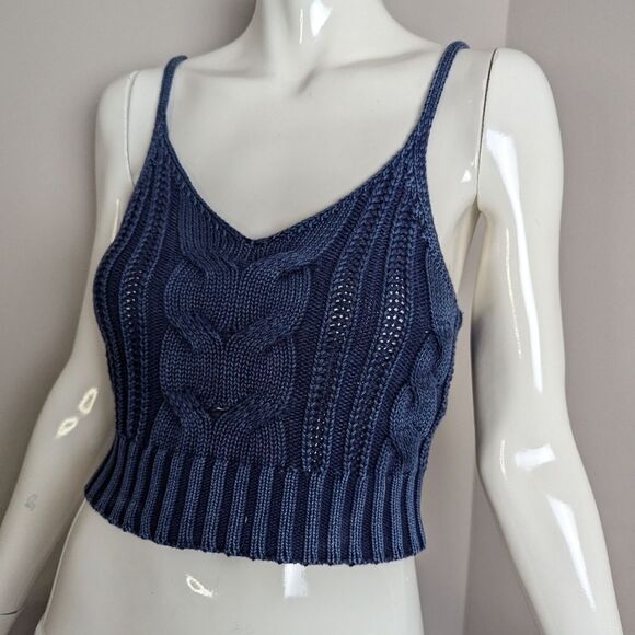 American eagle Cropped knit tank top navy blue cable knit XS - Picture 2 of 8
